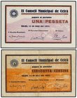 PAPER MONEY OF THE CIVIL WAR: CATALUNYA
Lote 2 billetes 50 Cèntims y 1 Pesseta. 14 Juny 1937. C.M. de CELRÀ. AT-800, 801. MBC y SC.
