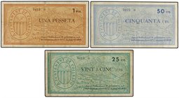 PAPER MONEY OF THE CIVIL WAR: CATALUNYA
Lote 3 billetes 25, 50 Cèntims y 1 Pesseta. Aj. de COLLBATÓ. AT-852/854. MBC- a EBC-.