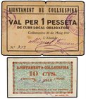 PAPER MONEY OF THE CIVIL WAR: CATALUNYA
Lote 2 billetes 10 Cèntims y 1 Pesseta. 20 Maig 1937. Aj. de COLLSUSPINA. AT-860a, 863. MBC- a MBC+.
