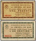 PAPER MONEY OF THE CIVIL WAR: CATALUNYA
Lote 2 billetes 50 Cèntims y 1 Pesseta. C.M. de CREIXELL DE MAR. (Algo sucios). AT-900, 901. MBC.