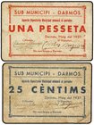 PAPER MONEY OF THE CIVIL WAR: CATALUNYA
Lote 2 billetes 25 Cèntims y 1 Pesseta. Sub Municipi - Dipositaria Municipal de DARMÓS. Cartón. (Algo sucios)...