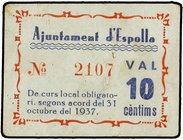 PAPER MONEY OF THE CIVIL WAR: CATALUNYA
10 Cèntims. 31 Octubre 1937. Aj. d´ESPOLLA. Cartón. (Leves manchitas). MUY RARO. AT-967. MBC+.