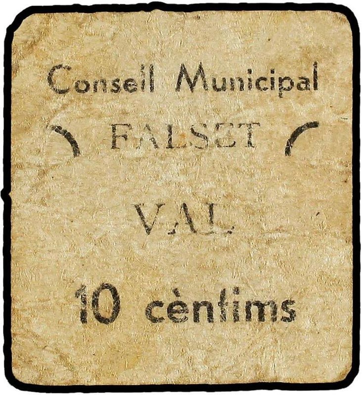 PAPER MONEY OF THE CIVIL WAR: CATALUNYA
10 Cèntims. C.M. de FALSET. Cartón. RAR...