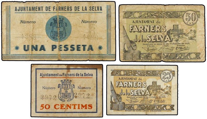 PAPER MONEY OF THE CIVIL WAR: CATALUNYA
Lote 4 billetes 25, 50 (2) Cèntims y 1 ...