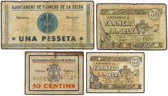 PAPER MONEY OF THE CIVIL WAR: CATALUNYA
Lote 4 billetes 25, 50 (2) Cèntims y 1 Pesseta. 1937. Aj. de FARNERS DE LA SELVA. (Pequeñas manchas, roturas)...