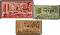PAPER MONEY OF THE CIVIL WAR: CATALUNYA
Lote 3 billetes 25, 50 Cèntims y 1 Pesseta. 6 Juliol 1937. Aj. de LA FATARELLA. AT-997, 998, 999. MBC- a EBC+...