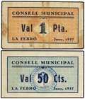 PAPER MONEY OF THE CIVIL WAR: CATALUNYA
Lote 2 billetes 50 Cèntims y 1 Pesseta. Juny 1937. C.M. de LA FEBRÓ. (Uno pequeñas manchitas). AT-1001a, 1002...