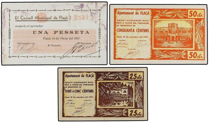 PAPER MONEY OF THE CIVIL WAR: CATALUNYA
Lote 3 billetes 25, 50 Cèntims y 1 Pess...