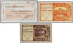 PAPER MONEY OF THE CIVIL WAR: CATALUNYA
Lote 3 billetes 25, 50 Cèntims y 1 Pesseta. 14 Maig 1937 y 27 Setembre 1937. C.M. de FLAÇÀ. (Uno pequeñas man...