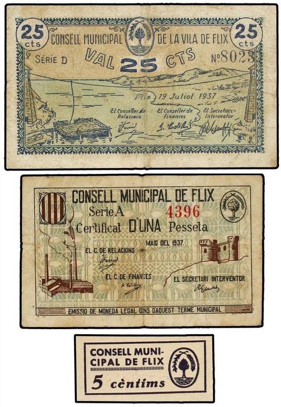 PAPER MONEY OF THE CIVIL WAR: CATALUNYA
Lote 3 billetes 5, 25 Cèntims y 1 Pesse...