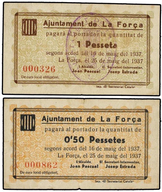 PAPER MONEY OF THE CIVIL WAR: CATALUNYA
Lote 2 billetes 0,50 y 1 Pesseta. 16 Ma...