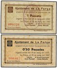 PAPER MONEY OF THE CIVIL WAR: CATALUNYA
Lote 2 billetes 0,50 y 1 Pesseta. 16 Maig 1937. Aj. de LA FORÇA. AT-1039, 1040. MBC a MBC+.