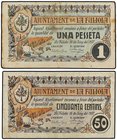 PAPER MONEY OF THE CIVIL WAR: CATALUNYA
Lote 2 billetes 50 Cèntims y 1 Pesseta. 15 Juny 1937. Aj. de LA FULIOLA. (Leves manchitas). AT-1068, 1069. MB...