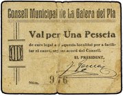 PAPER MONEY OF THE CIVIL WAR: CATALUNYA
1 Pesseta. C.M. de LA GALERA DEL PLA. Cartón. (roturas reparadas). RARO. AT-1077. MBC-.