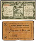 PAPER MONEY OF THE CIVIL WAR: CATALUNYA
Lote 2 billetes 50 Cèntims y 10 Cèntims. Juny 1937 y 17 Setembre 1937. C.M. De GANDESA. AT-1082, 1086. MBC- y...