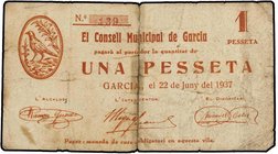 PAPER MONEY OF THE CIVIL WAR: CATALUNYA
 1 Pesseta. Juny 1937. C.M. de GARCIA. (Casi en dos pedazos con restos de cinta adhesiva). Muy raro. AT-1087;...