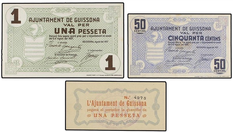 PAPER MONEY OF THE CIVIL WAR: CATALUNYA
Lote 3 billetes 50 Cèntims y 1 Pesseta ...