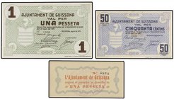PAPER MONEY OF THE CIVIL WAR: CATALUNYA
Lote 3 billetes 50 Cèntims y 1 Pesseta (2). Aj. de GUISSONA. AT-1225, 1227, 1228. EBC- a SC.
