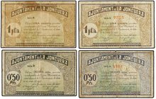 PAPER MONEY OF THE CIVIL WAR: CATALUNYA
Lote 4 billetes 50 Cèntims (2) y 1 Pesseta (2). Març 1937. Aj. de LA JONQUERA. AT-1273, 1274, 1276, 1277a. MB...