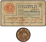 PAPER MONEY OF THE CIVIL WAR: CATALUNYA
Lote 2 billetes 10 Cèntims y 1 Pesseta. S/F y 12 maig 1937. Aj. de LLAGOSTERA. AT-1322, 1325. MBC- y MBC.