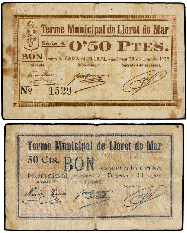 PAPER MONEY OF THE CIVIL WAR: CATALUNYA
Lote 2 billetes 50 Cèntims y 0,50 Pesse...