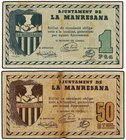 PAPER MONEY OF THE CIVIL WAR: CATALUNYA
Lote 2 billetes 50 Cèntims y 1 Pesseta. Aj. de LA MANRESANA. (Uno roturas). AT-1426, 1427. BC a MBC.