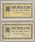 PAPER MONEY OF THE CIVIL WAR: CATALUNYA
Lote 2 billetes 20 y 50 Cèntims. Octubre 1937. C.M. de MARÇÀ. ESCASO. AT-1431, 1432e. MBC+ a SC-.