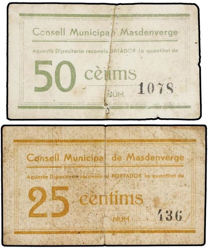PAPER MONEY OF THE CIVIL WAR: CATALUNYA
Lote 2 billetes 25 y 50 Cèntims. C.M. d...