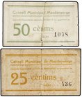 PAPER MONEY OF THE CIVIL WAR: CATALUNYA
Lote 2 billetes 25 y 50 Cèntims. C.M. de MASDENVERGE. (Roturas reparadas). ESCASOS. AT-1464, 1465. BC a MBC-....