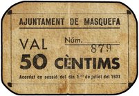 PAPER MONEY OF THE CIVIL WAR: CATALUNYA
50 Cèntims. 1 Juliol 1937. Aj. de MASQUEFA. Cartón. (Algo sucio). MUY RARO. AT-1475. MBC+.