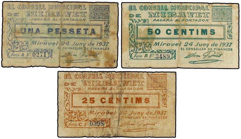 PAPER MONEY OF THE CIVIL WAR: CATALUNYA
Lote 3 billetes 25, 50 Cèntims y 1 Pess...