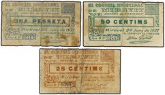 PAPER MONEY OF THE CIVIL WAR: CATALUNYA
Lote 3 billetes 25, 50 Cèntims y 1 Pesseta. 24 Juny 1937. C.M. de MIRAVET. (Algunos manchados y pequeñas rotu...