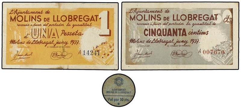 PAPER MONEY OF THE CIVIL WAR: CATALUNYA
Lote 3 billetes 10, 50 Cèntims y 1 Pess...