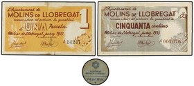 PAPER MONEY OF THE CIVIL WAR: CATALUNYA
Lote 3 billetes 10, 50 Cèntims y 1 Pesseta. Aj. de MOLINS DE LLOBREGAT. Uno cartón. AT-1508/1510. MBC+ a EBC-...