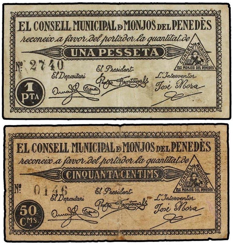 PAPER MONEY OF THE CIVIL WAR: CATALUNYA
Lote 2 billetes 50 Cèntims y 1 Pesseta....