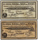 PAPER MONEY OF THE CIVIL WAR: CATALUNYA
Lote 2 billetes 50 Cèntims y 1 Pesseta. C.M. de MONJOS DEL PENEDÈS. AT-1531, 1532. MBC- a EBC-.