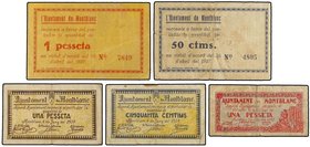 PAPER MONEY OF THE CIVIL WAR: CATALUNYA
Lote 5 billetes 50 Cèntims (2) y 1 Pesseta (3). 1937. Aj. De MONTBLANC. Diferentes. A EXAMINAR. AT-1537/1539,...