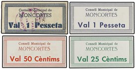 PAPER MONEY OF THE CIVIL WAR: CATALUNYA
Lote 4 billetes 25, 50 Cèntims y 1 Pesseta (2). C.M. de MONTCORTÈS. Una serie (25, 50 Cts, 1 Pta) Falsos. UNO...