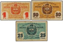 PAPER MONEY OF THE CIVIL WAR: CATALUNYA
Lote 3 billetes 25, 50 Cèntims y 1 Pesseta. Aj. de MORA LA NOVA. (Leves manchitas y leves roturas). AT-1616/1...