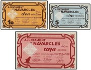PAPER MONEY OF THE CIVIL WAR: CATALUNYA
Lote 3 billetes 5, 10 Cèntims y 1 Pesseta. 27 Agosto 1937. Aj. De NAVARCLES. AT-1641, 1644, 1645. SC- a SC.