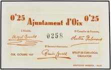 PAPER MONEY OF THE CIVIL WAR: CATALUNYA
25 Cèntims. Octubre 1937. Aj. D´OIX. MUY ESCASO. AT-1677. SC.