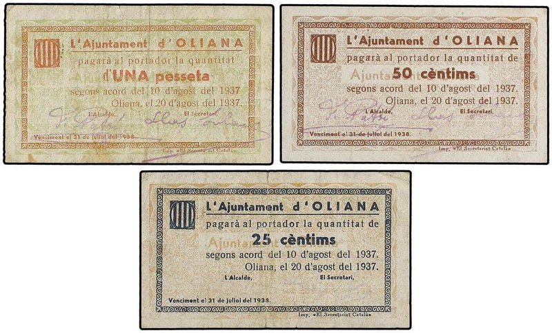 PAPER MONEY OF THE CIVIL WAR: CATALUNYA
Lote 3 billetes 25, 50 Cèntims y 1 Pess...