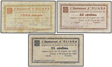 PAPER MONEY OF THE CIVIL WAR: CATALUNYA
Lote 3 billetes 25, 50 Cèntims y 1 Pesseta. 10 Agost 1937. Aj. d´OLIANA. (Algo sucios). AT-1688/1690. MBC+ a ...