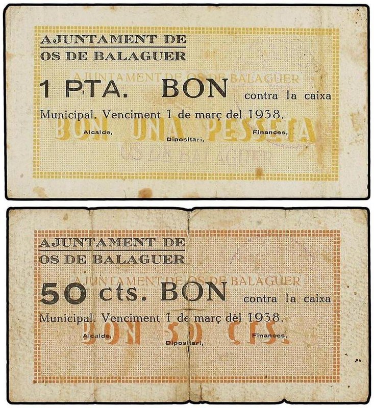 PAPER MONEY OF THE CIVIL WAR: CATALUNYA
Lote 2 billetes 50 Cèntims y 1 Pesseta....