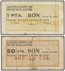 PAPER MONEY OF THE CIVIL WAR: CATALUNYA
Lote 2 billetes 50 Cèntims y 1 Pesseta. 25 Març 1937. Aj. d´OS DE BALAGUER. (pequeñas manchitas y leves rotur...