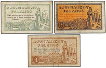 PAPER MONEY OF THE CIVIL WAR: CATALUNYA
Lote 3 billetes 50 Cèntims (2) y 1 Pesseta. 11 Maig 1937. Aj. de PALAMÓS. AT-1745, 1746, 1748. MBC.