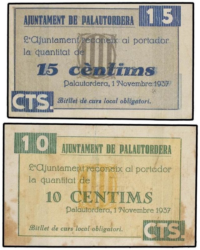 PAPER MONEY OF THE CIVIL WAR: CATALUNYA
Lote 2 billetes 10 y 15 Cèntims. 1 Novi...