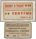 PAPER MONEY OF THE CIVIL WAR: CATALUNYA
Lote 2 billetes 50 Cèntims. Març 1937 y Novembre 1937. Aj. de PASSANANT. (Uno roturas). AT-1784b, 1786b. BC+ ...