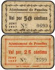 PAPER MONEY OF THE CIVIL WAR: CATALUNYA
Lote 2 billetes 25 y 50 Cèntims. Juny 1936. Aj. de PENELLES. (Leves manchitas). AT-1800c, 1801c. MBC.