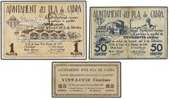 PAPER MONEY OF THE CIVIL WAR: CATALUNYA
Lote 3 billetes 25, 50 Cèntims y 1 Pesseta. 2 Setembre 1937. Aj. de PLA DE CABRA. (Uno roturas). AT-1847/1849...